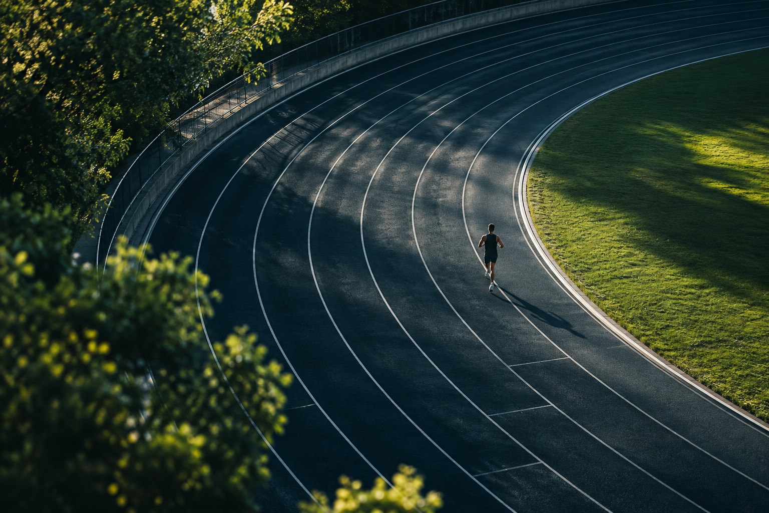 A runner finding their stride on a sweeping athletics track